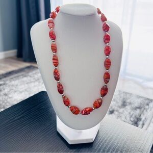 Orange-Red Millefiori Glass Bead Necklace Silver Tone Floral Statement